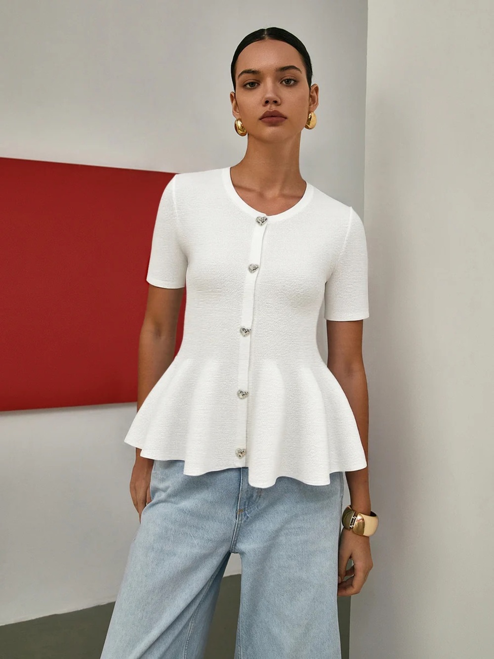 Commense Short-Sleeved Peplum Cardigan